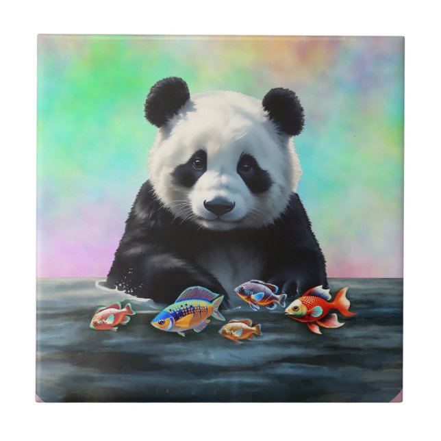 Panda contempla peixes coloridos nadando (Frente)