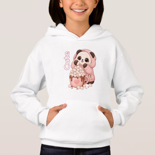 Panda Fofa com Capuz Rosa e Chocolate Quente  (Frente)