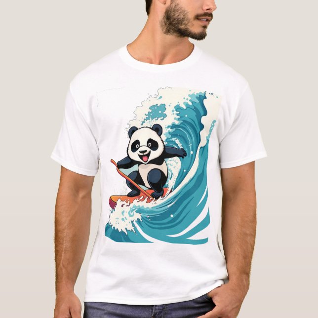 Panda surfando numa camiseta Wave - Diversão do Pa (Frente)