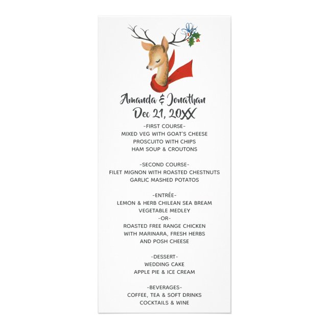 Panfleto Cardápio de Casamento de Natal com Rena Vintage Re (Frente)