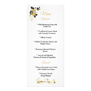 Panfleto Cardápio de Jantar de Evento Floral Preto Elegante