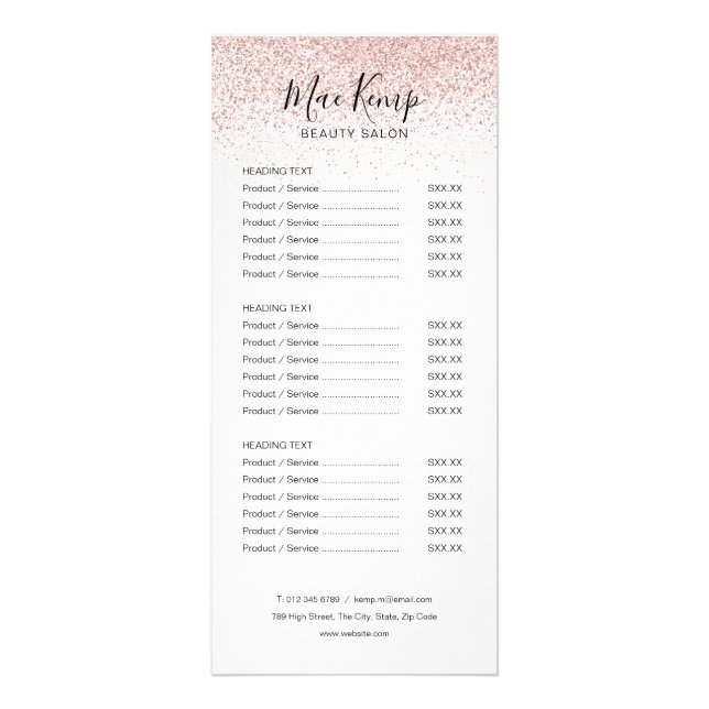 Panfleto Cardápio de Serviço de Salão de Glitter Rosa Chic  (Frente)