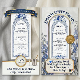 Panfleto Casamento com Arco Floral Azul e Branco Elegante 