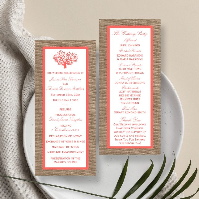 Panfleto Coral No Burlap Boho Beach Weding Program (Criador carregado)