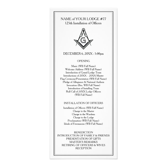 Panfleto Custom Masonic Rack Cards | Officer Installation (Frente)
