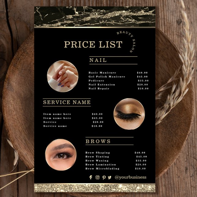 Panfleto de Artista de Maquiagem Mármore Dourado P (Makeup Artist Black Gold Marble flyer #zazzlefinds #makeupflyer #addphoto #pricelist #threephoto)