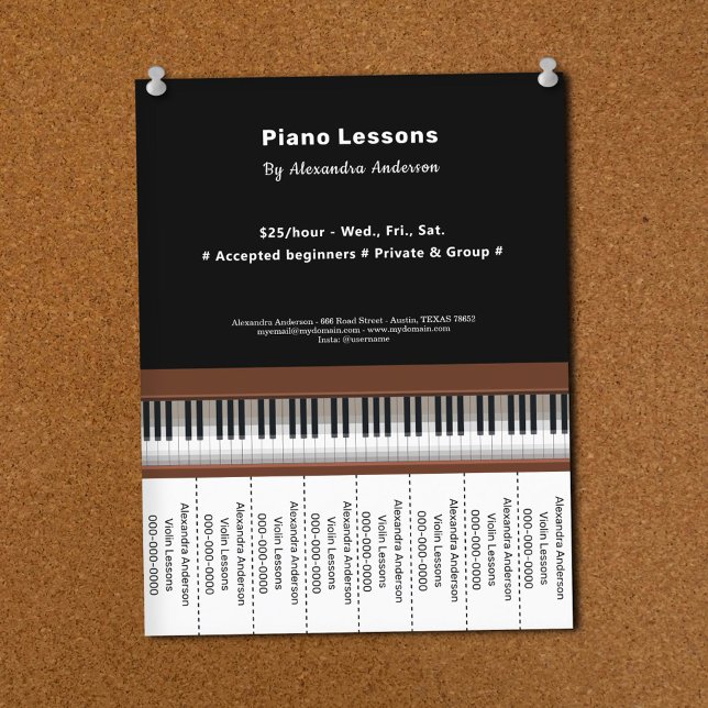 Panfleto de Aulas de Piano com Talões (Piano Lessons Tear Off Strips Flyer)