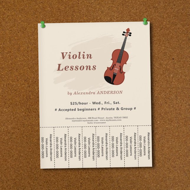 Panfleto de Aulas de Violino com Talões (Violin Lessons Tear Off Strips Flyer)
