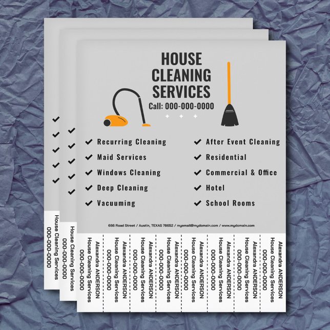 Panfleto de Limpeza de Casa com Tiras Desgarráveis (Broom & Vacuum - House Cleaning Tear Off Strips Flyer)