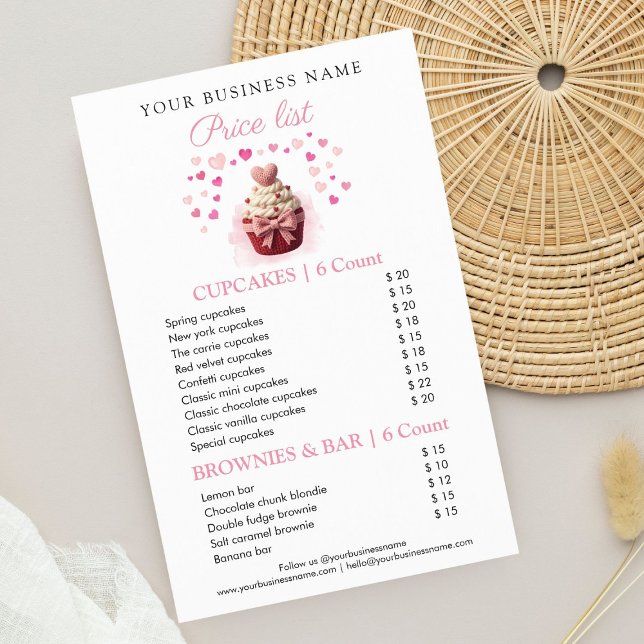 Panfleto de Lista de Preços de Padaria Crochê Fals (Pink Faux Crochet Cupcake Bakery Price List)