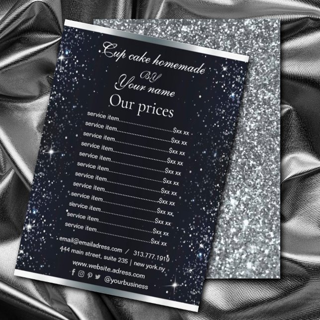 Panfleto de Lista Elegante Preto com Brilho Prata (A chic black background, decorated with faux silver glitter, sparkles. #pricelist #glittersilver)