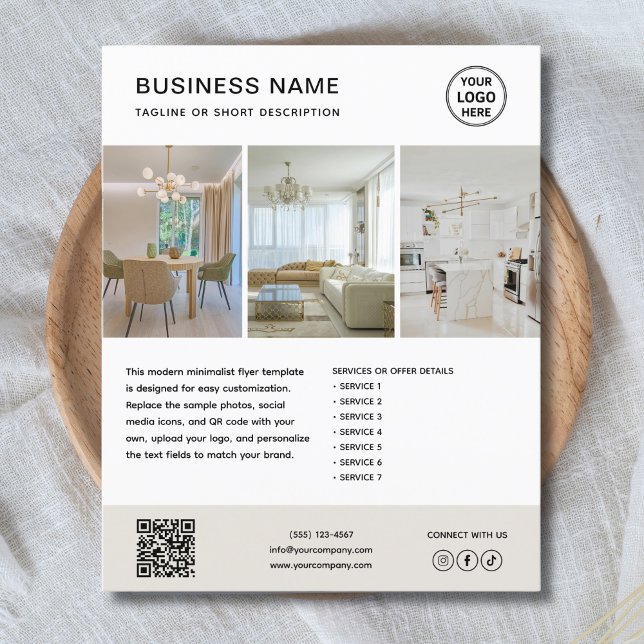 Panfleto de Negócios de Marketing Minimalista com  (Clean, professional flyer for branding, add your logo, photos, services, and contact details.)