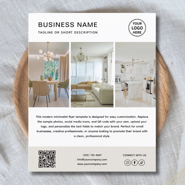 Panfleto de Negócios Minimalista com Foto de Logot (Modern minimalist flyer template with custom logo, QR code, and editable social media icons.)