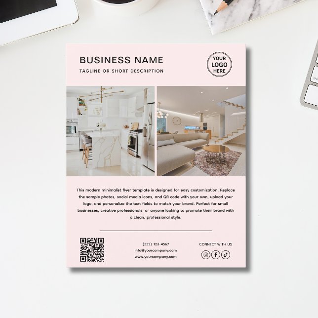 Panfleto de Negócios Rosa Código QR Foto Logotipo  (Minimalist Logo Photo QR Code Pink Business Flyer)