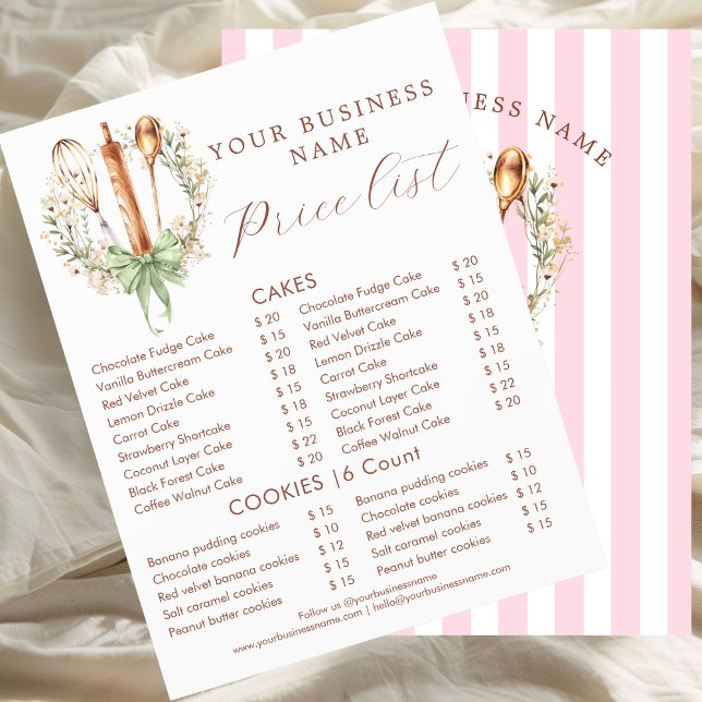 Panfleto de Padaria de Utensílios de Aquarela Eleg (Pink stripe and Utensils cooking bakery Price List)