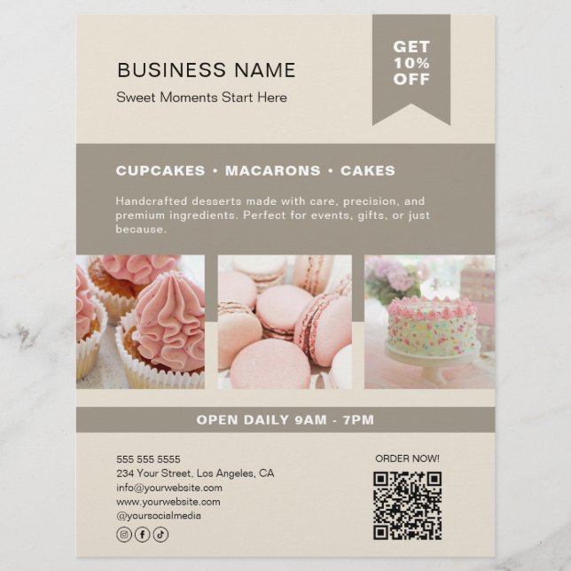 Panfleto de QR Personalizado de Padaria Bege (Frente)