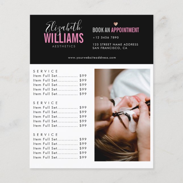 Panfleto do Salão de Beleza Preto e Rosa (Frente)