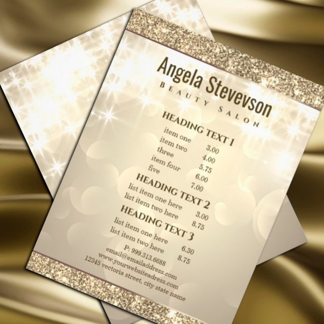 Panfleto Dourado Brilhante Elegante (#shinypricelist #zazzlemade #elegantopalpricelist #sparkle #light #bright #salepromotion #listofsale)