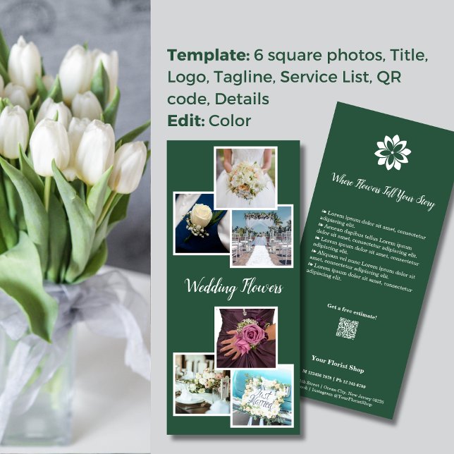 Panfleto Elegância Verde e Branco 💐 Flores de Casamento Fl (Green & White Elegance 💐 Wedding Flowers Florist Rack Card)