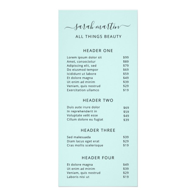 Panfleto Elegant Beauty Salon Price List Turquoise (Frente)