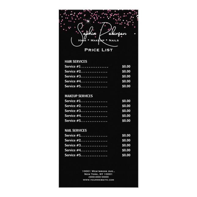 Panfleto Elegant Black & Pink Glitter Price List Rack Card (Frente)