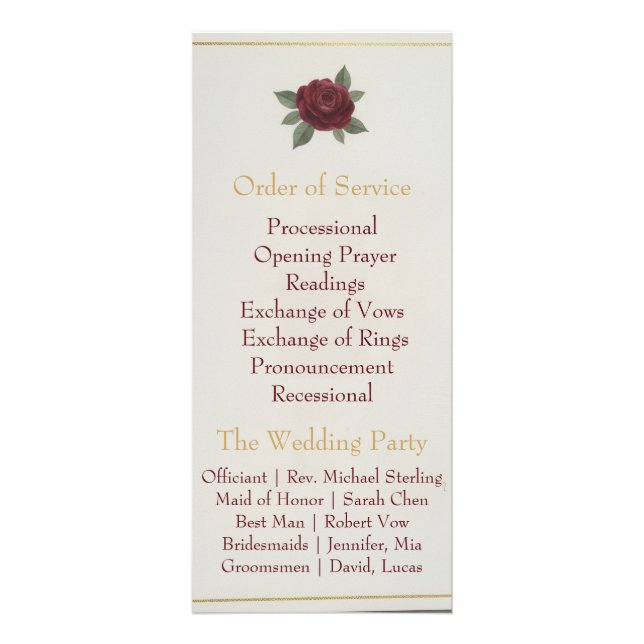 Panfleto Elegant Burgundy Floral & Gold Wedding Program (Verso)