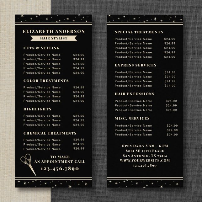 Panfleto Elegant Hair Salon Black Price List (A vintage celestial hairstylist services price list card. Personalize it with your information.)