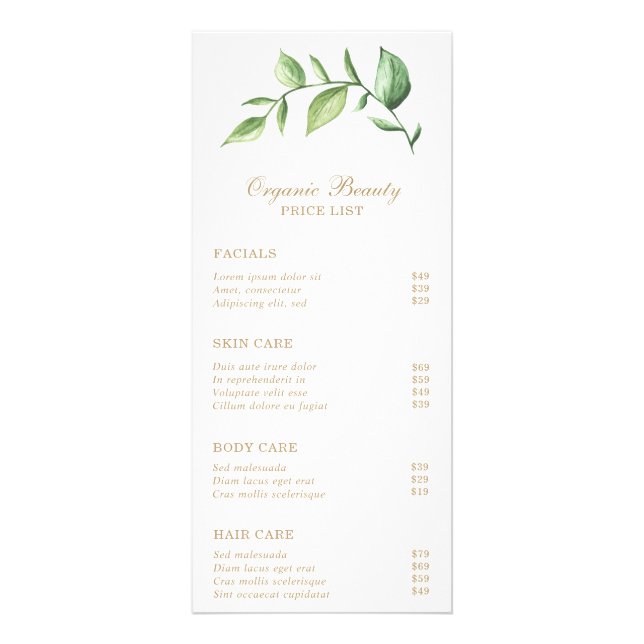 Panfleto Elegante Greenery Dourado Beauty Salon Price List (Frente)
