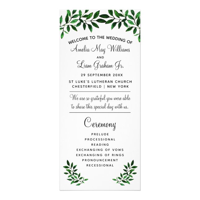 Panfleto Elegante Watercolor Greenery Garden Weding Program (Frente)