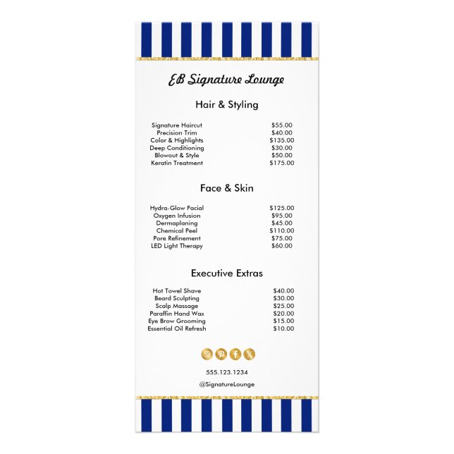 Panfleto Executive Navy Blue Stripe Gold Service Price List (Frente)