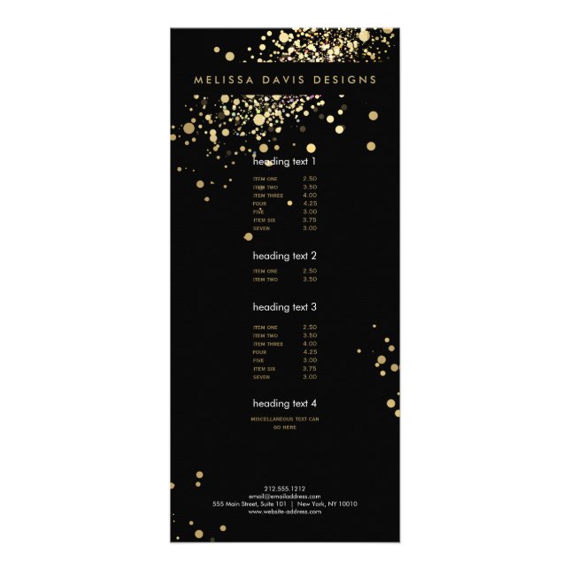 Panfleto Faux Dourado Confetti no Black Modern Rack Card (Frente)