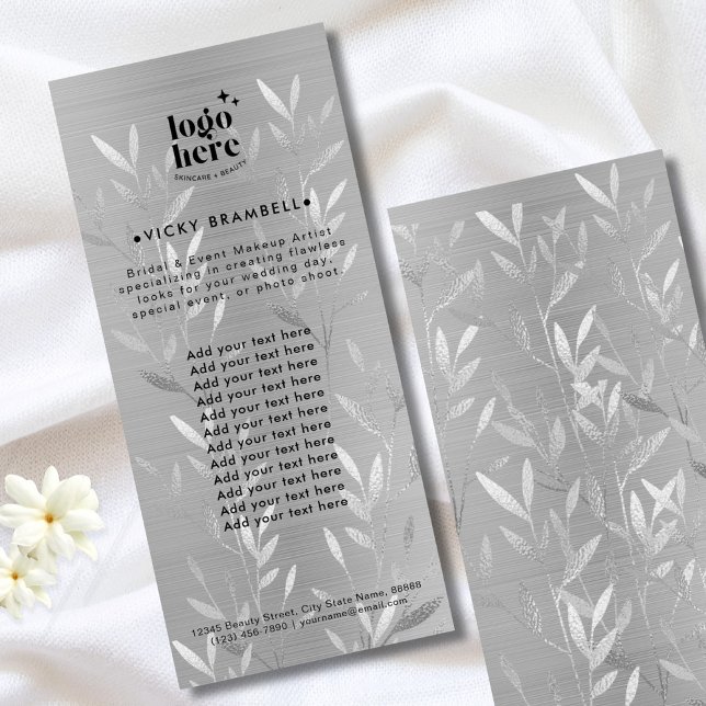 Panfleto Folhas Delicadas de Metal Borrado Falso Prata Catá (Delicate Silver Leaves Brushed Metal Catalog Rack Card)