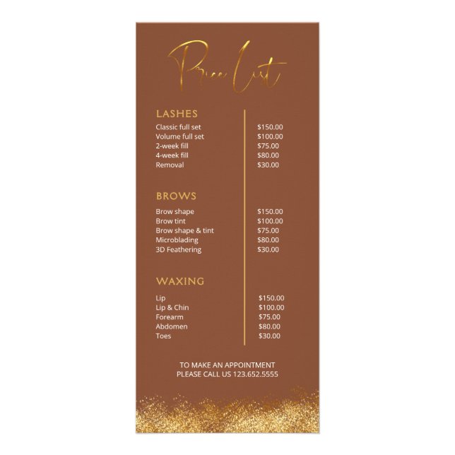 Panfleto Gold & Brown Lash Tech Price List | Luxury Beauty  (Frente)