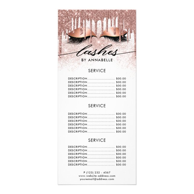 Panfleto Lashes Modern Rose Gold Price List Rack Card (Frente)