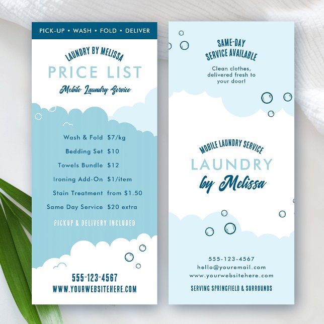 Panfleto Laundry Service Dry Cleaner Price List Blue White (Trendy blue and white laundry service pricing menu with fully editable text and colors)