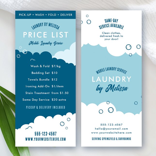 Panfleto Laundry Service Dry Cleaner Price List Blue White (Modern blue and white mobile laundry service price list with fully editable text and colors)