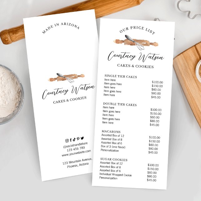 Panfleto Lista de Preços da Padaria de Bolo de Aquarela Mod (Elegant pastry chef price list with watercolor bakery art, great for chefs, caterers and bakers)