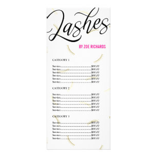 Panfleto Lista de Preços do Script Preto e Lashes Dourados
