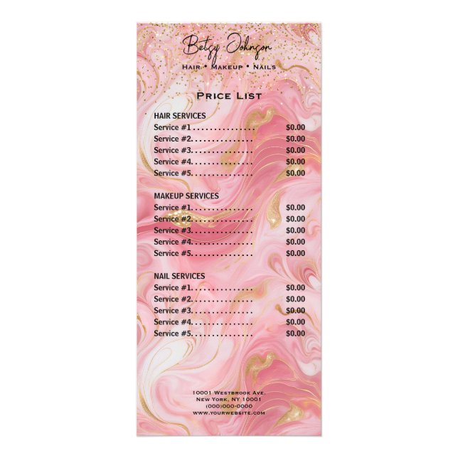 Panfleto Luxury Pink and Gold Marbled Rack Card Price List (Frente)