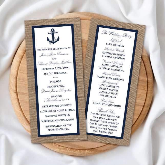 Panfleto Marinho Anchor No Burlap Beach WedProgram (Criador carregado)