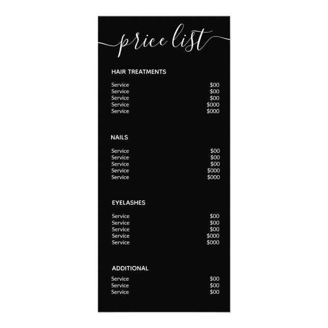 Panfleto Modern Elegant Simple Black Spa Salon Price List (Verso)