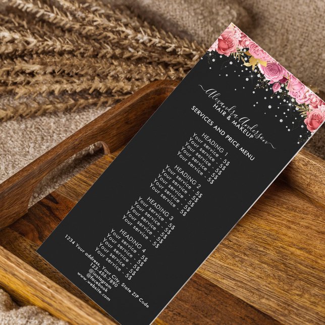 Panfleto Preço de Diamantes Florais Brilhantes Preto Modern (Modern Black Pink Floral Diamonds Glitter Price Rack Card)