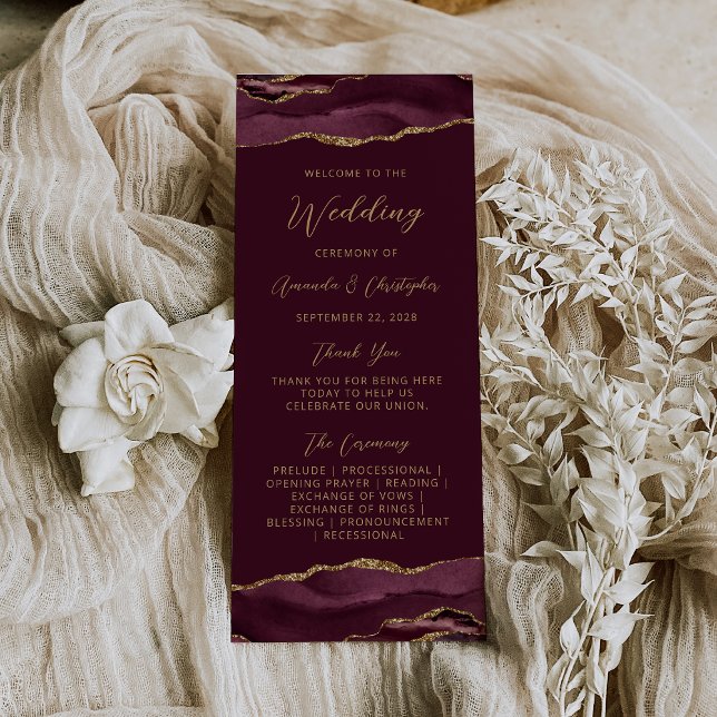 Panfleto Programa de Casamento Agata Borgonha Dourado Orçam (Criador carregado)