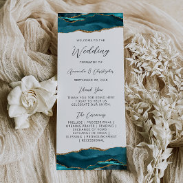 Panfleto Programa de Casamento Agate Azul Teal Dourado Orça