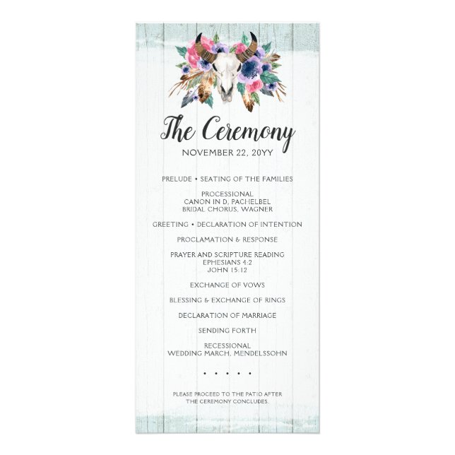 Panfleto Programa de Casamento Boho Chic com Caveira de Vac (Frente)