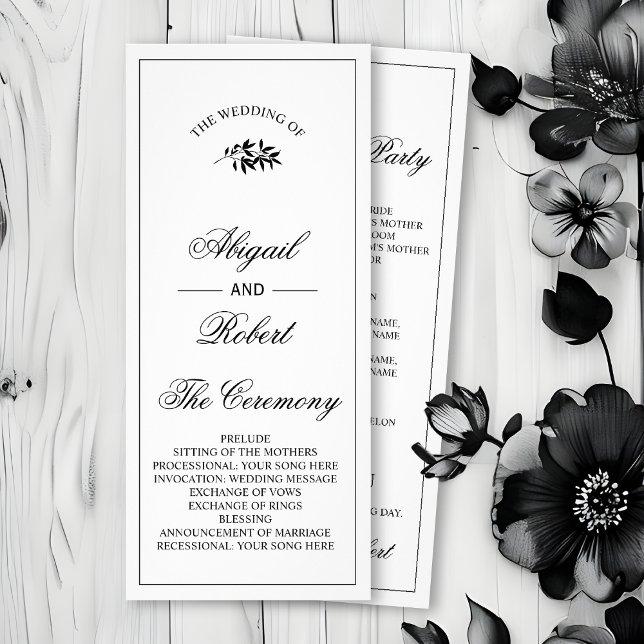 Panfleto Programa de casamento com ramo preto Old Money (Criador carregado)