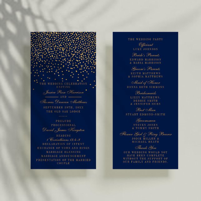 Panfleto Programa de Casamento de Confetti Azul e Dourado G (Criador carregado)