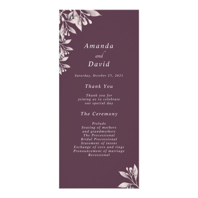 Panfleto Programa de casamento floral botânico de ameixa (Frente)