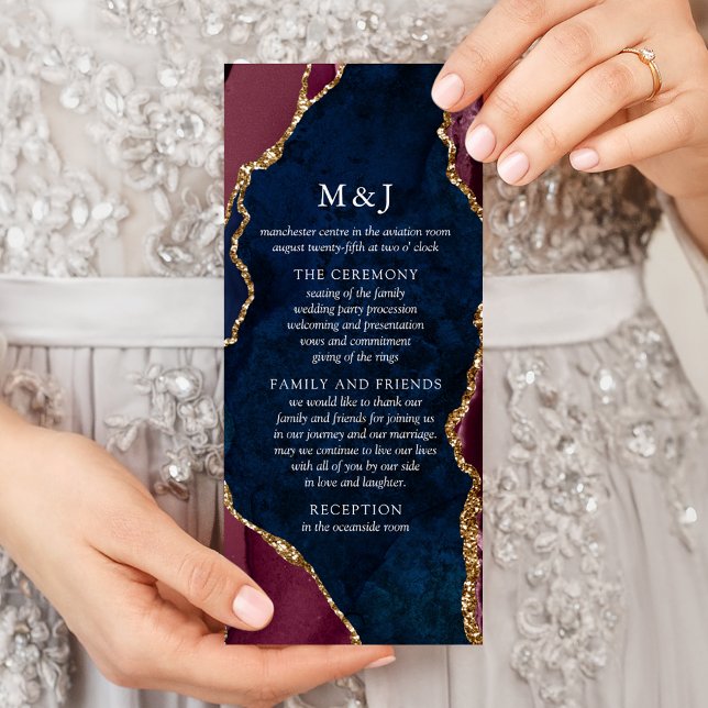 Panfleto Programa de Casamento Navy, Borgonha e Ágata Doura (Criador carregado)