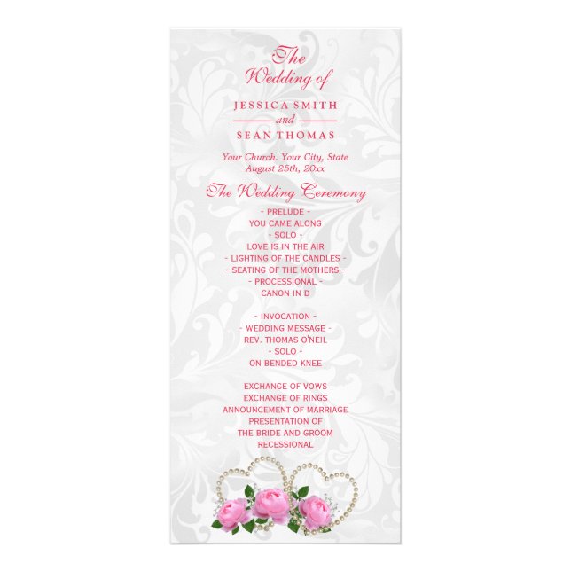 Panfleto Programa de Casamento Pearl Hearts & Roses Damask (Frente)